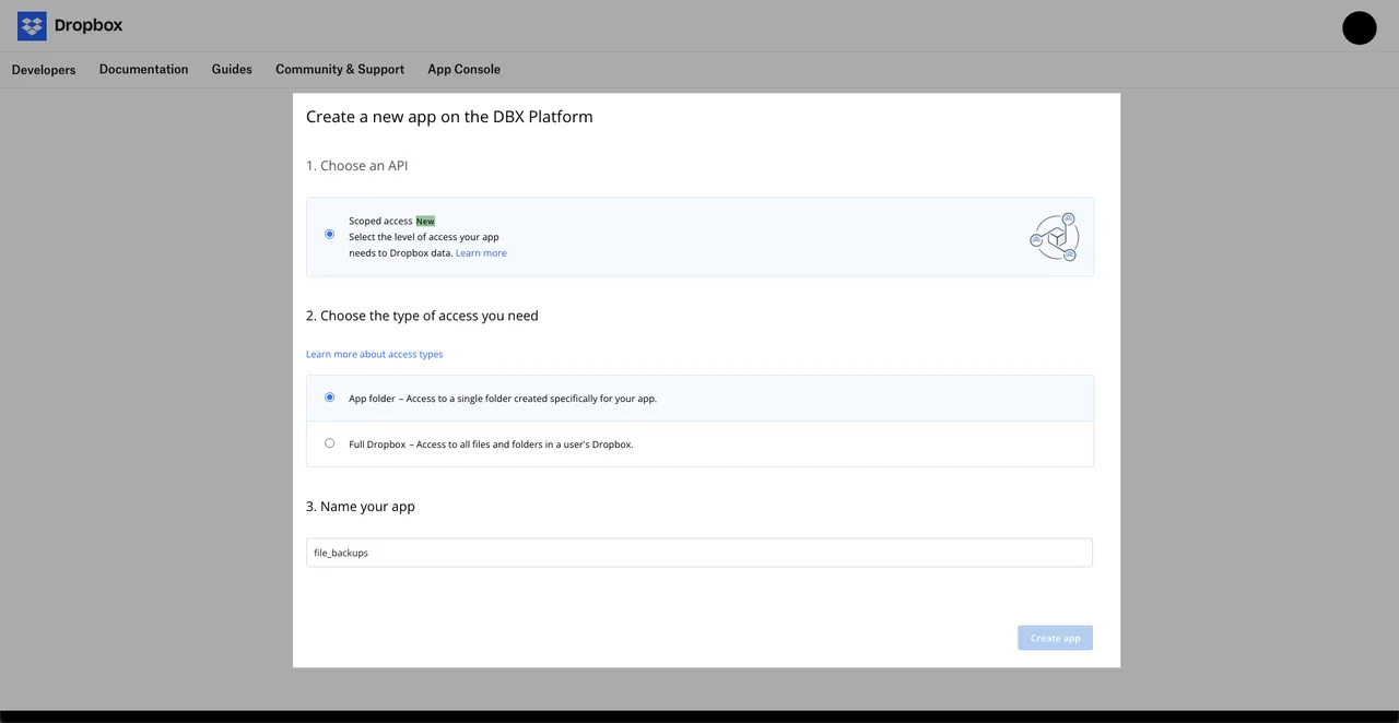 Choosing the Scoped Access API and app folder access when creating the app