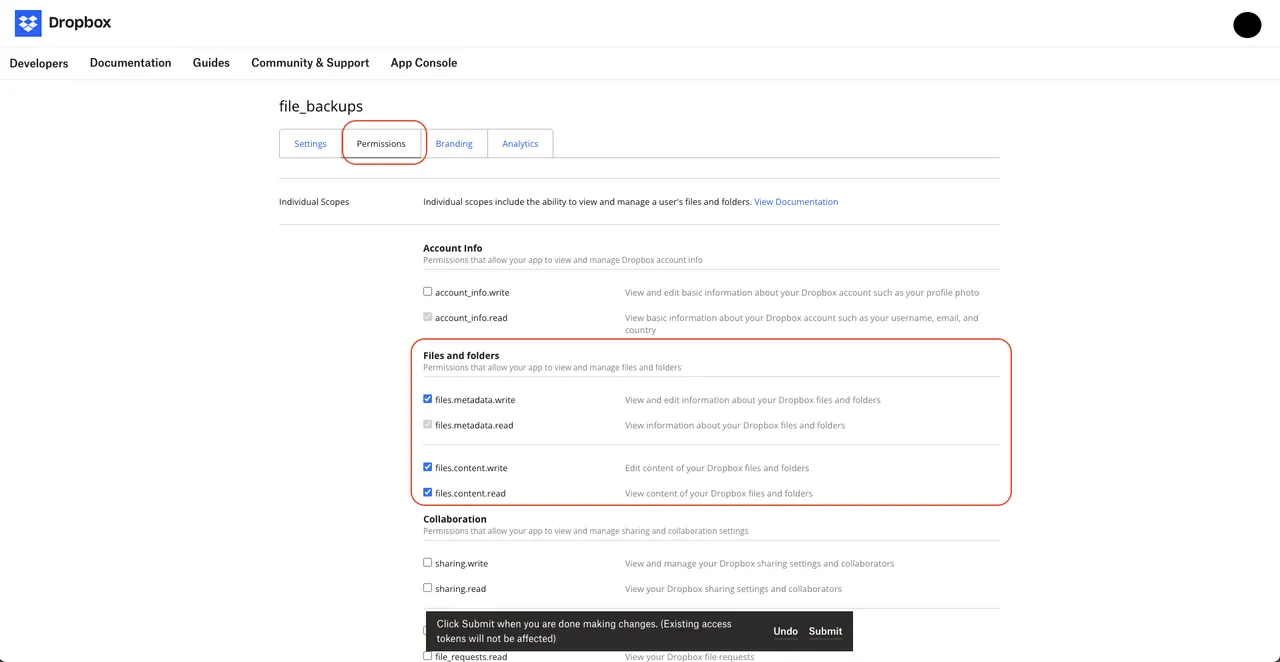 The Permissions tab, where the required scopes are enabled for the app