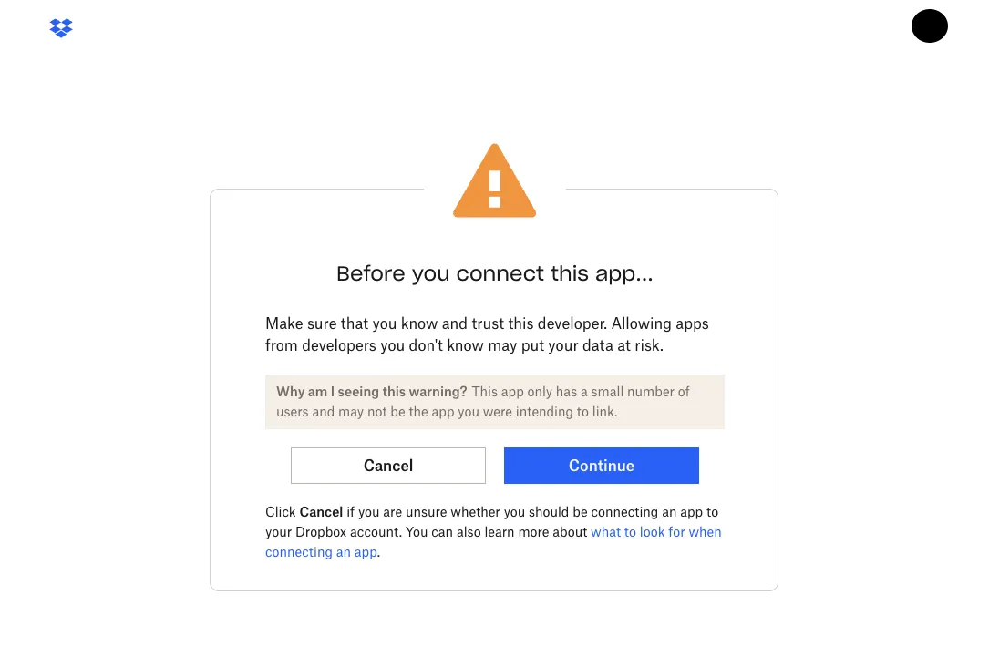 The Dropbox confirmation screen shown before you connect the app